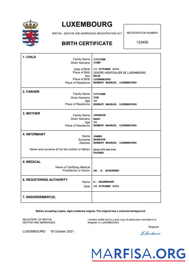 Downloadable Luxembourg birth certificate Word and PDF template